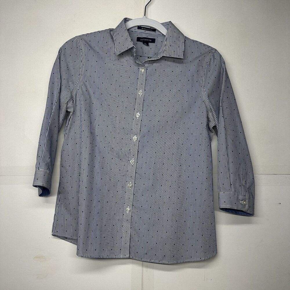 Lands’ End Women’s Size 4 Petite Blue Striped Button Front Shirt 3/4 Sleeve